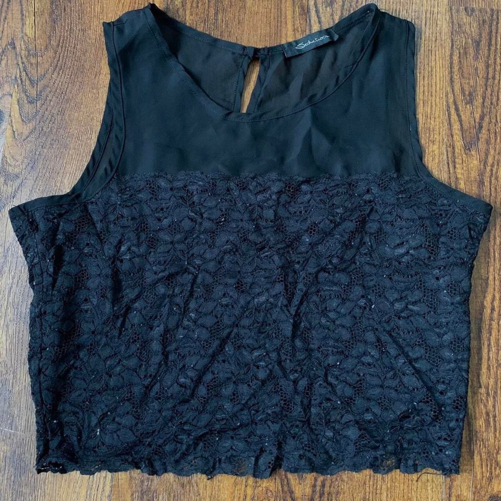 Elegant Seduction Black Lace Mesh Sleeveless Cropped Tank Top - Size L